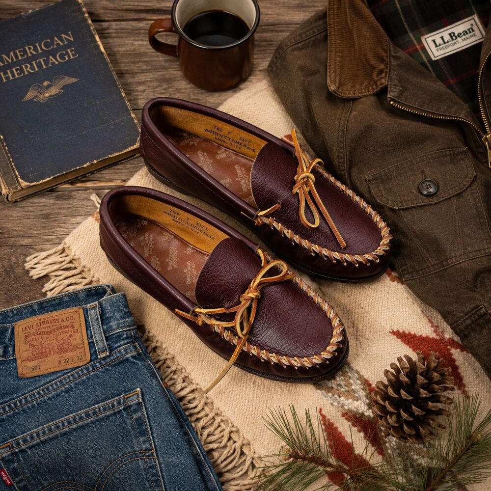 Minnetonka Vintage Moccasins Burgundy Leather Men’s 9 USA Handmade Loafers NEW